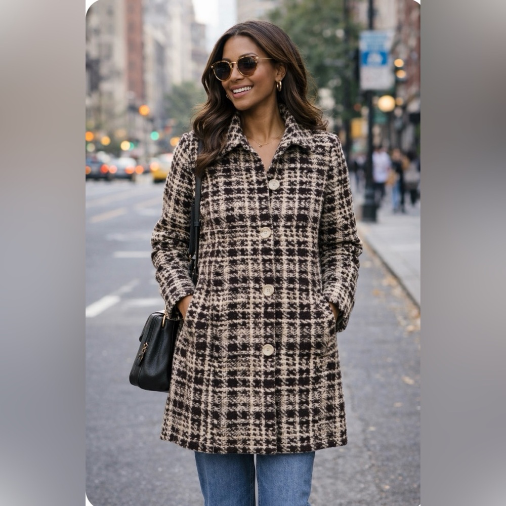 Ann Taylor Tweed Spring Coat in Brown and Cream size Med, lined, 100% Cotton